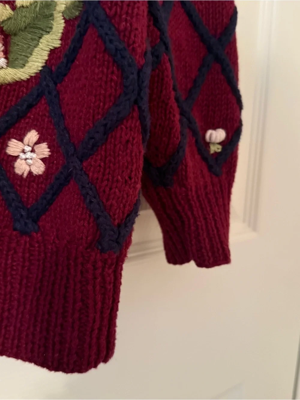 Marisa Christina Burgundy Open-Front Embroidered Floral Cardigan whimsical